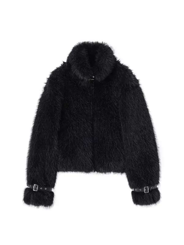 [Last one] LEATHER BUCKLE FAUX FUR JACKET_BLACK