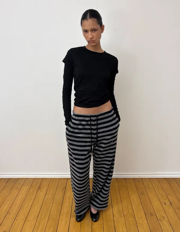 STRIPED FLEECE LOUNGE PANTS, BLACK