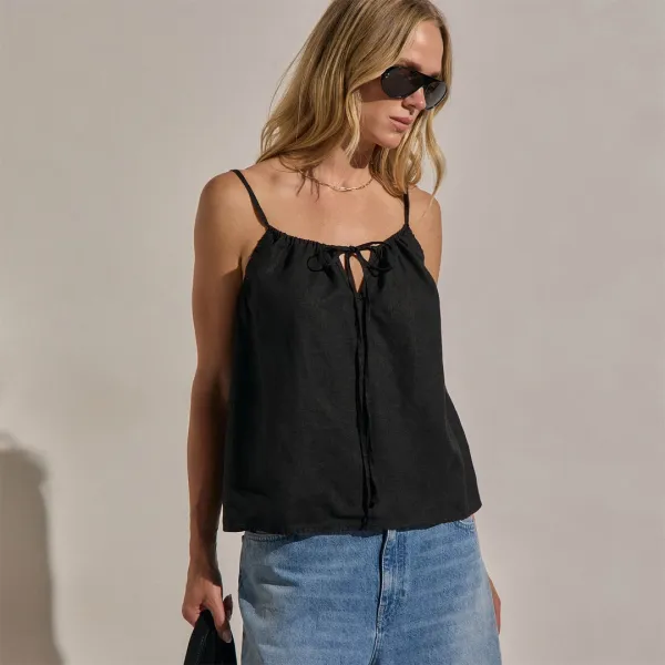 Linen Strappy Tie Cami - Black