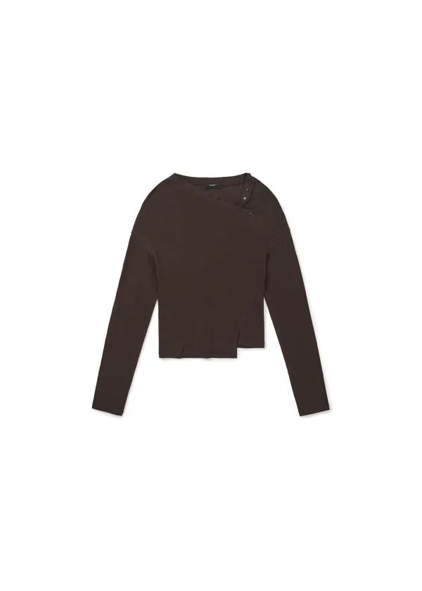 RUFFLED NECK LINE JERSEY TOP (BROWN)
