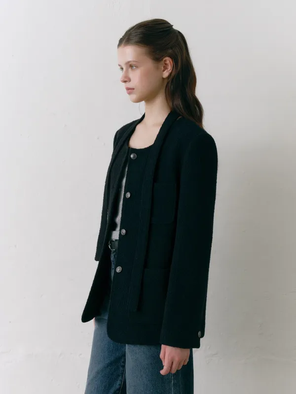 Boucle Tweed Single Long Jacket Black