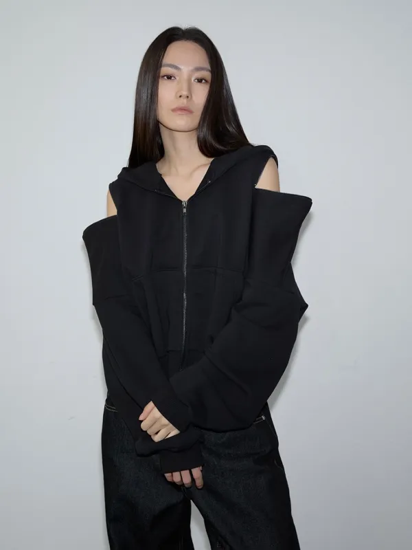 Open Shoulder Hoodie Zip-Up (black)