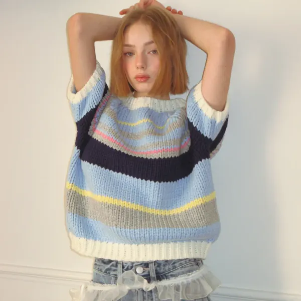 MULTI STRIPE SHORT SLEEVE KNIT SOFT BLUE