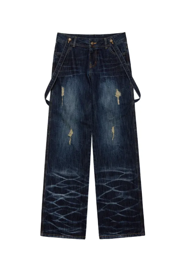 CROSS STRAP FADED DENIM PANTS BLUE