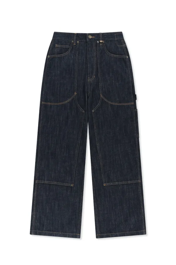 PANEL STITCH DENIM PANTS IN DARK NAVY