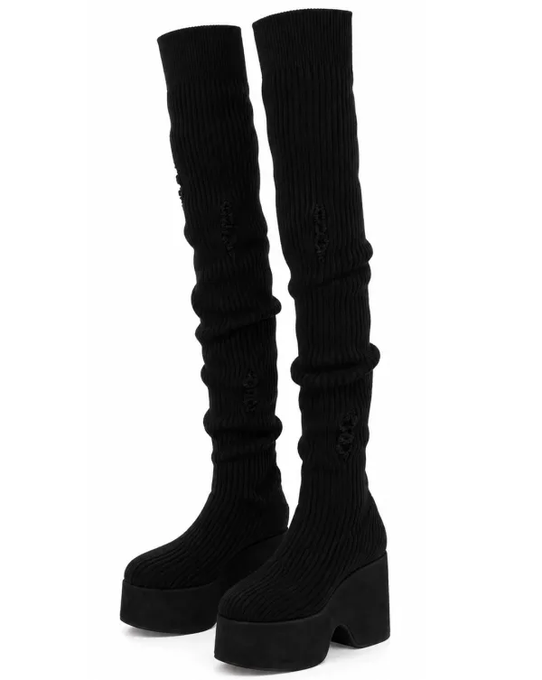 Distressed knit wedge boots