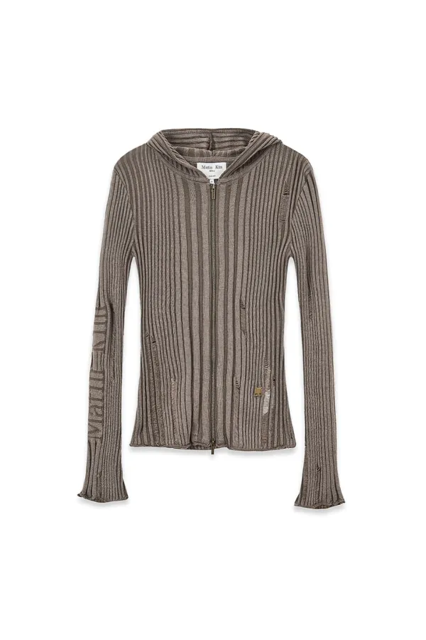 LOGO POINT DAMAGE SLIM HOODY CARDIGAN IN KHAKI BROWN