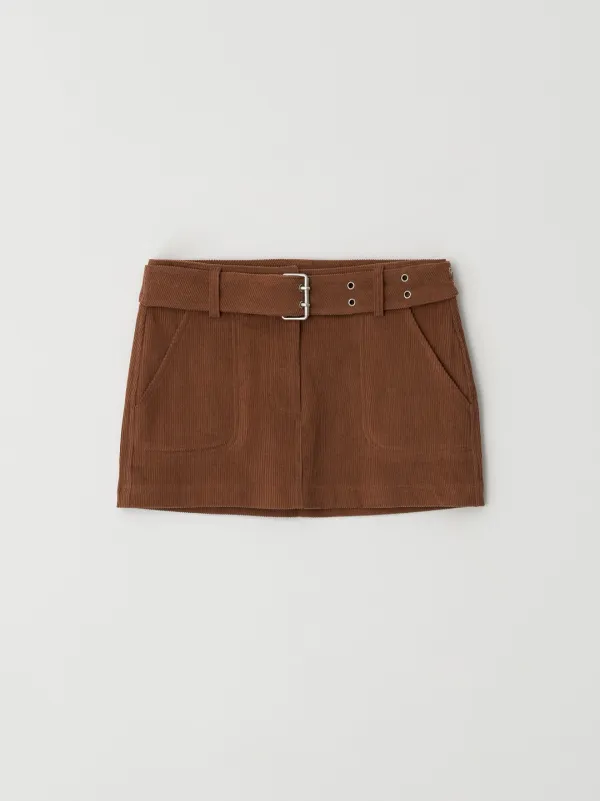 Belted Corduroy Mini Skirt (Brown)