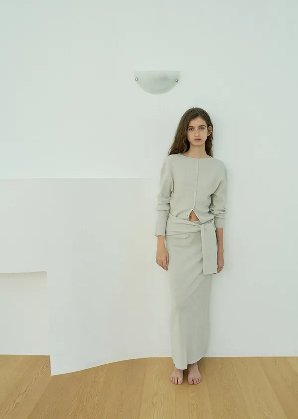 Cool knit skirt & scarf set / Cloud gray
