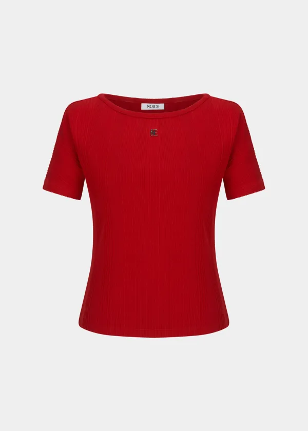 W BOAT-NECK LOGO RIBBED T-SHIRT - RED