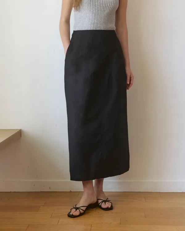 Linen cool A line long skirt - black