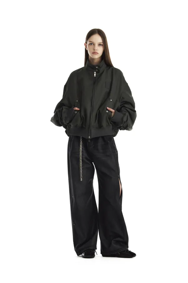 Nylon Tuck Blouson Set-Up Jumper [ Charcoal ]