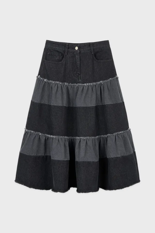 Color Block Tiered Maxi Skirt (Black)