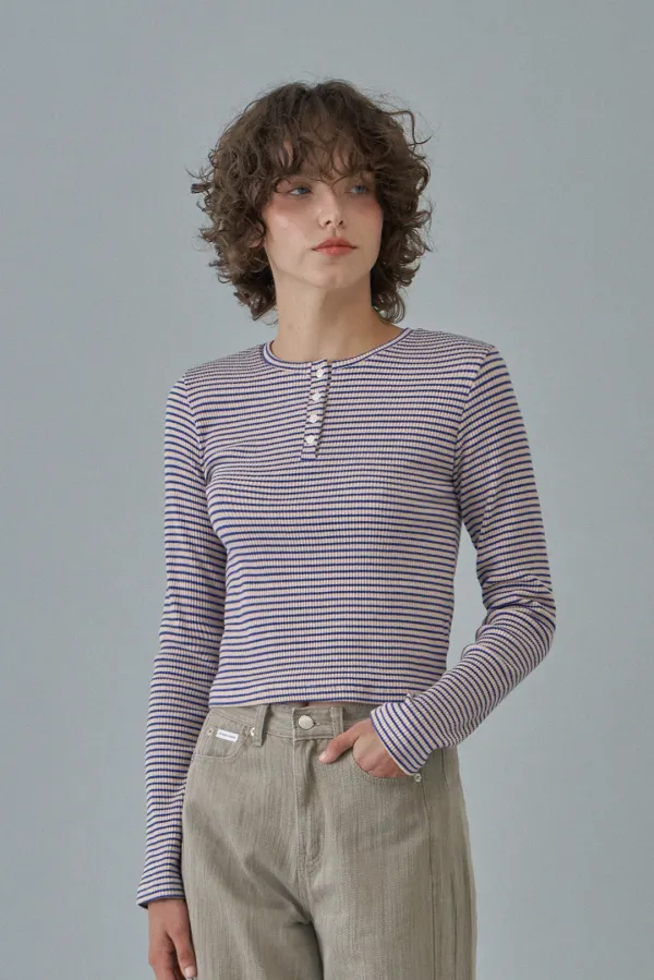 Stripe button t-shirt_blue