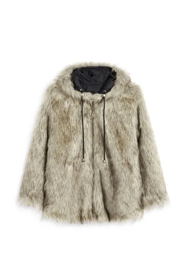REVERSIBLE FAUX FUR HOOD JACKET, BEIGE
