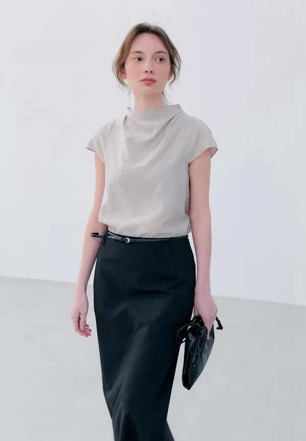 DRAPE CAP SLEEVE BLOUSE - BEIGE