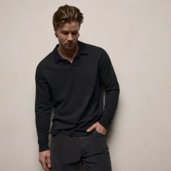Heavy Luxe Jersey Long Sleeve Polo - Black