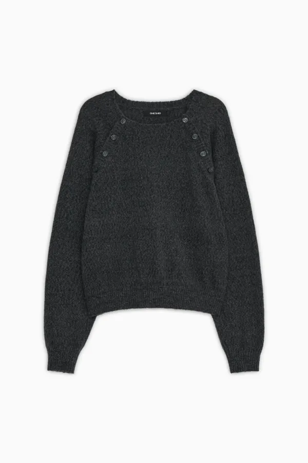 BUTTON DETAIL RAGLAN KNIT, CHARCOAL