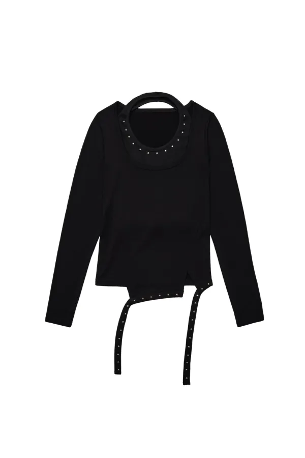 STUDDED HALTER LAYERED TOP BLACK
