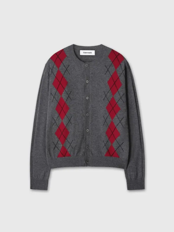 (W) MERINO WOOL ARGYLE CARDIGAN_ GREY/RED