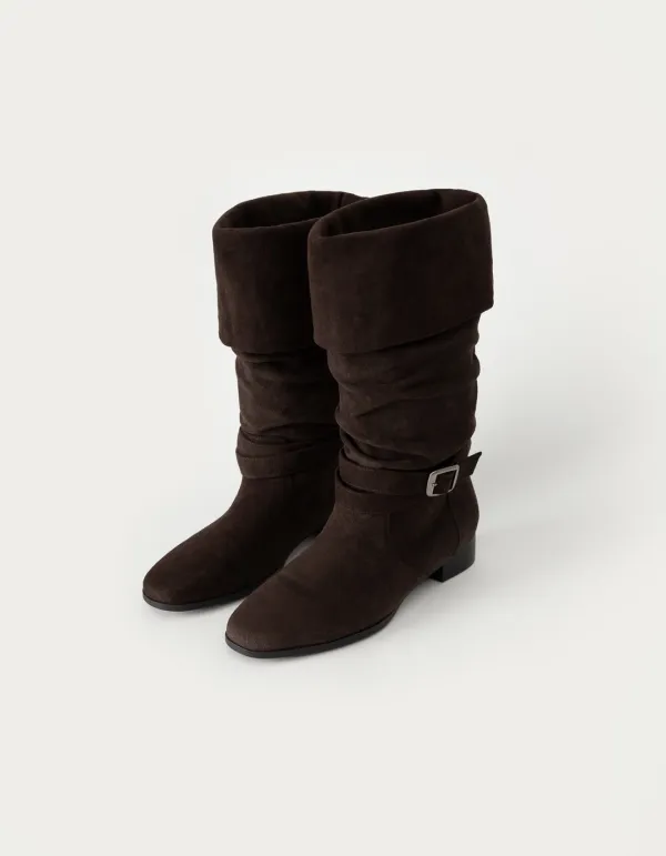Slouchy Buckle Suede Boots - Dark Brown