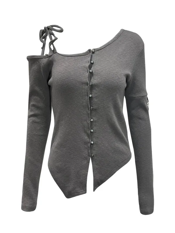 ASYMMETRICAL BEAN BUTTON CARDIGAN CHARCOAL