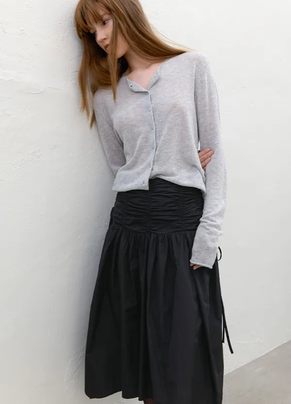 (SK-5092)UNBALANCED SHIRRING MIDI SKIRT