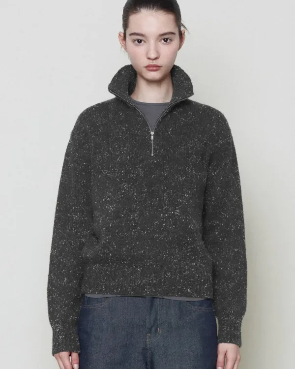 W Quarter Zip Up Sweater, Charcoal