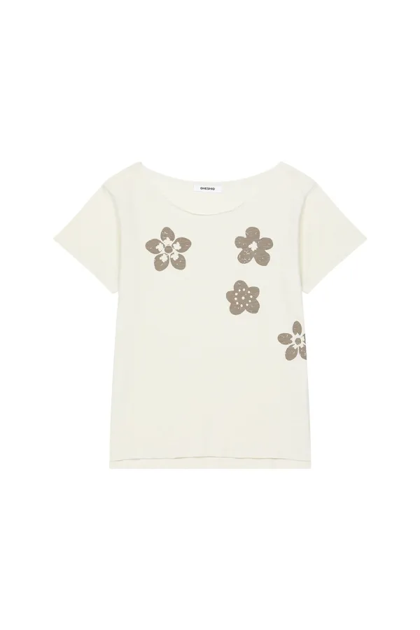 VINTAGE FLOWER SCOOP NECK T-SHIRT, BEIGE