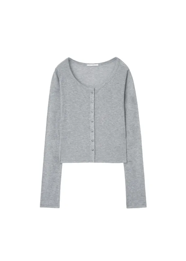 BASIC SCOOPED BUTTON CARDIGAN, MELANGE GRAY