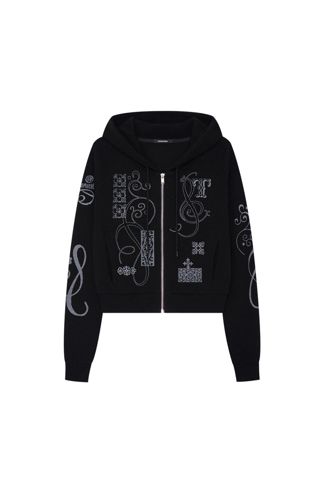 투머치택스 FOLK PATTERN CROP WAFFLE ZIP-UP HOODIE (BLACK) 상품 이미지 1