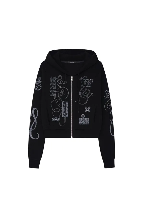 FOLK PATTERN CROP WAFFLE ZIP-UP HOODIE (BLACK)