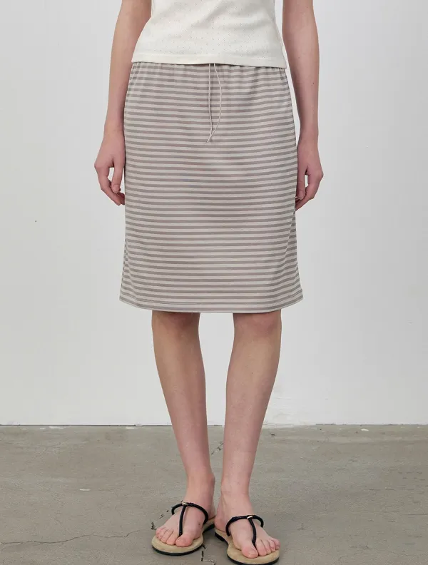 Stripe string waist midi skirt_Beige