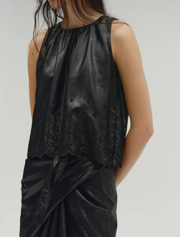 PUNCHING DETAIL GLOSSY COATED BLOUSE [BLACK]