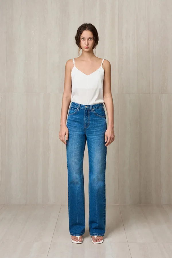 FRONT CREASED DENIM PANTS MID BLUE