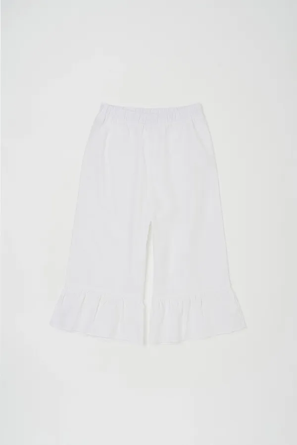 FRILL DETAIL COTTON PANTS IN WHITE