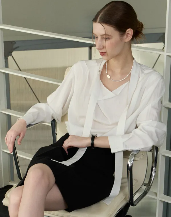 Draped Neck Tie Blouse - Off White