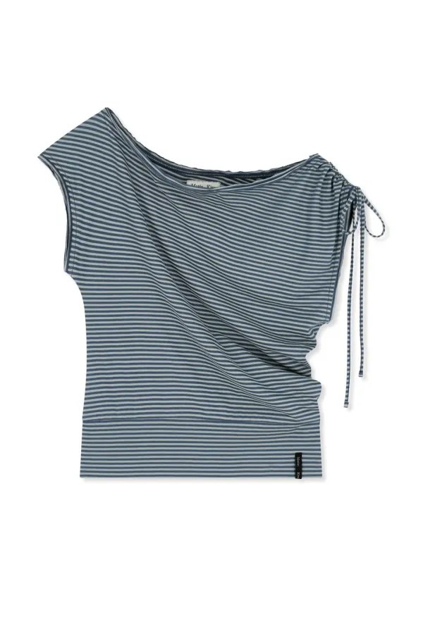 DRAPED ASYMMETRIC SLEEVELESS TOP IN SMOKE BLUE
