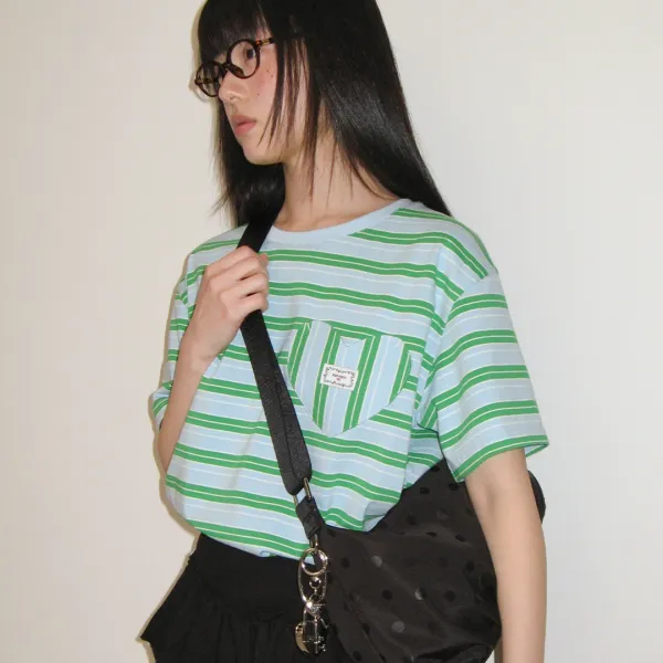 MULTI STRIPE HEART POCKET BASIC FIT T SHIRT SKY BLUE