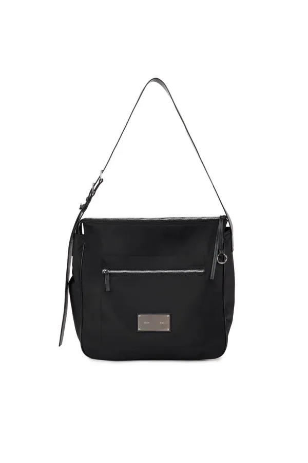 EMBOSSED LOGO FABRIC SHOULDER BAG IN BLACK