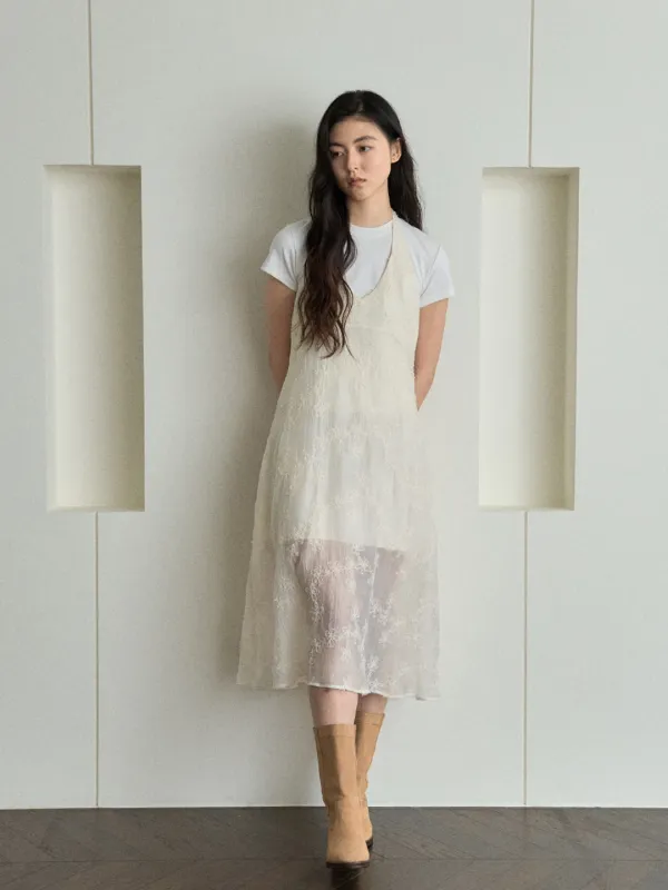 Flared Halter-neck Long Dress_Cream