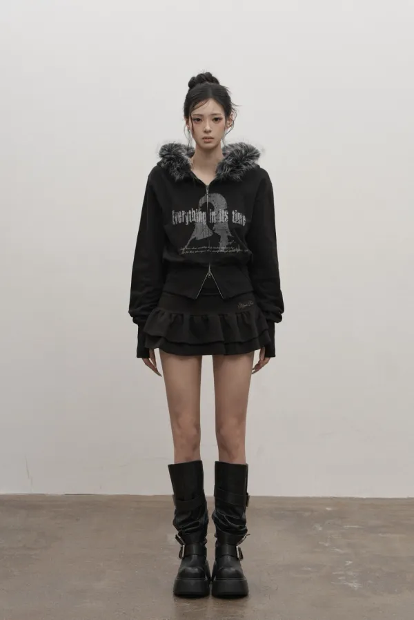 Static Fur Hood Zip-up (black)