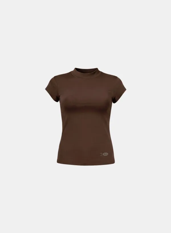 [w-tee26-112] Everyday Mock-Neck Short Sleeve T-Shirt - Brown