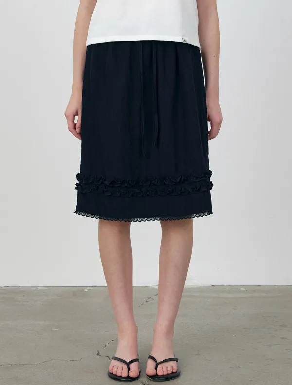 Double ruffle hem a-Line midi skirt_Navy