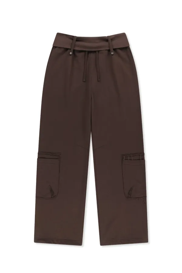 MIXED WAFFLE FOLDOVER WAIST JERSEY PANTS IN BROWN