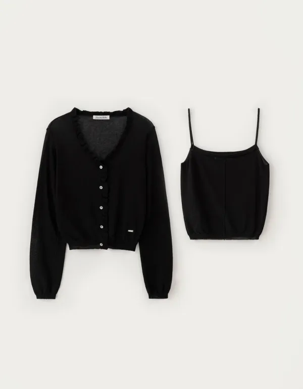 Mew Frill Cardigan Set - Black