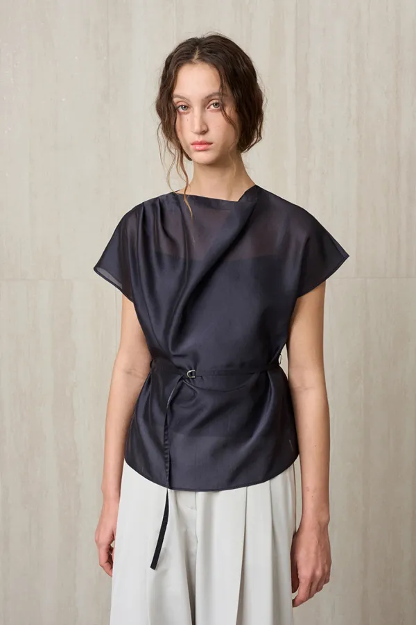 [6/24 S사이즈 순차 배송] [2nd] SHEER BELTED BLOUSE MIDNIGHT NAVY