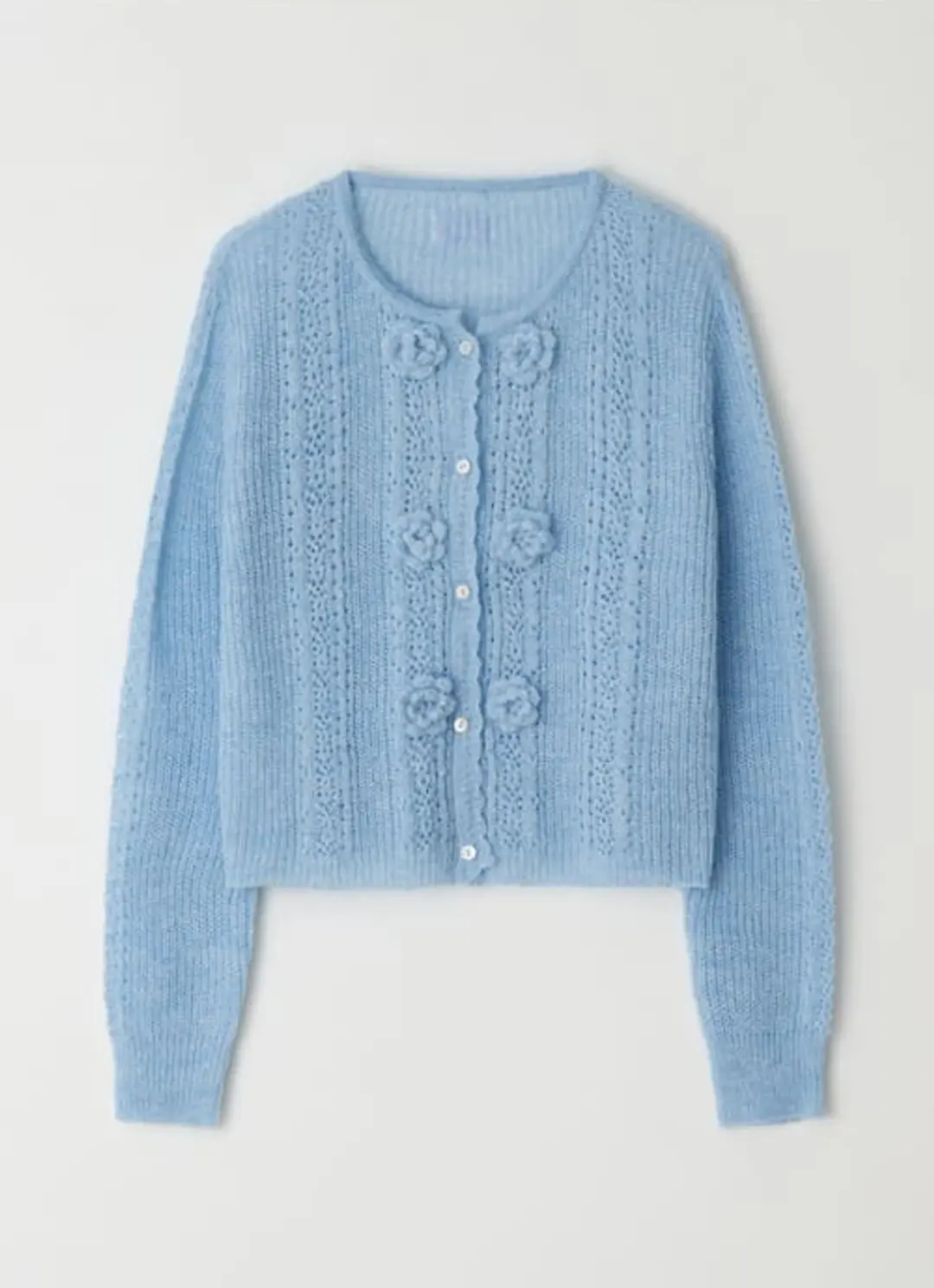 론론 HANDMADE FLOWER SCOTCH KNIT CARDIGAN SOFT BLUE 상품 이미지 1