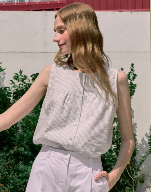 Julia Shirring Sleeveless Blouse - Light Blue