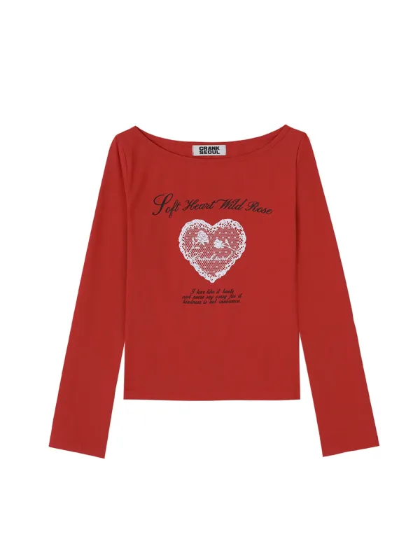 HEART PRINT BOAT NECK TOP_RED